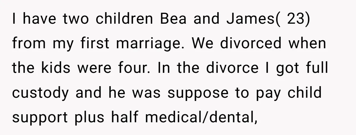 I have two children Bea and James( 23) from my first marriage. We divorced when the kids were four. In the divorce I got full custody and he was suppose...