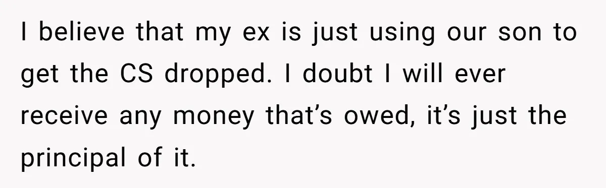 I believe that my ex is just using our son to get the CS dropped. I doubt I will ever receive any money that’s owed, it’s just the principal of...