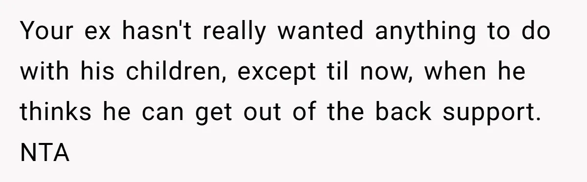 Your ex hasn't really wanted anything to do with his children, except til now, when he thinks he can get out of the back support. NTA
