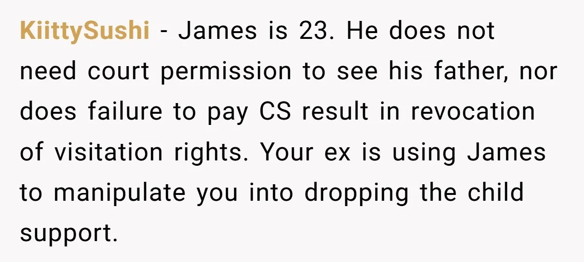 KiittySushi − James is 23. He does not need court permission to see his father, nor does failure to pay CS result in revocation of visitation rights. Your ex is...