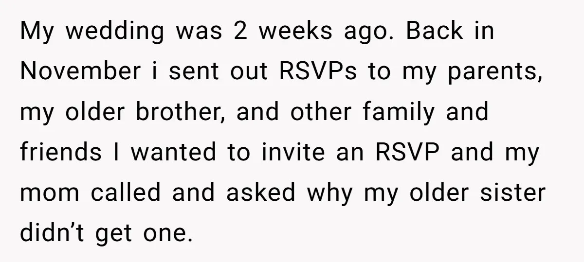 My wedding was 2 weeks ago. Back in November i sent out RSVPs to my parents, my older brother, and other family and friends I wanted to invite an RSVP...