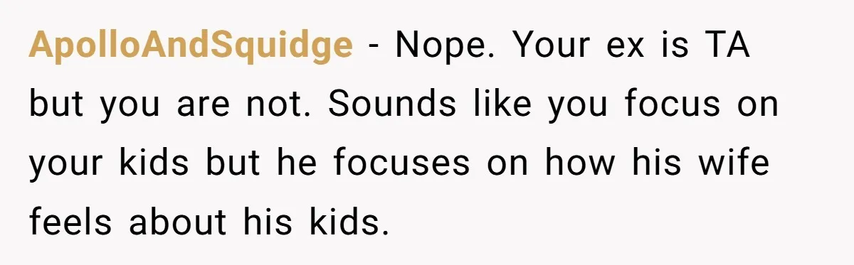 ApolloAndSquidge − Nope. Your ex is TA but you are not. Sounds like you focus on your kids but he focuses on how his wife feels about his kids.