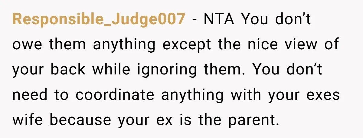 Responsible_Judge007 − NTA You don’t owe them anything except the nice view of your back while ignoring them. You don’t need to coordinate anything with your exes wife because your...