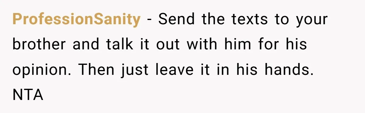 ProfessionSanity − Send the texts to your brother and talk it out with him for his opinion. Then just leave it in his hands. NTA