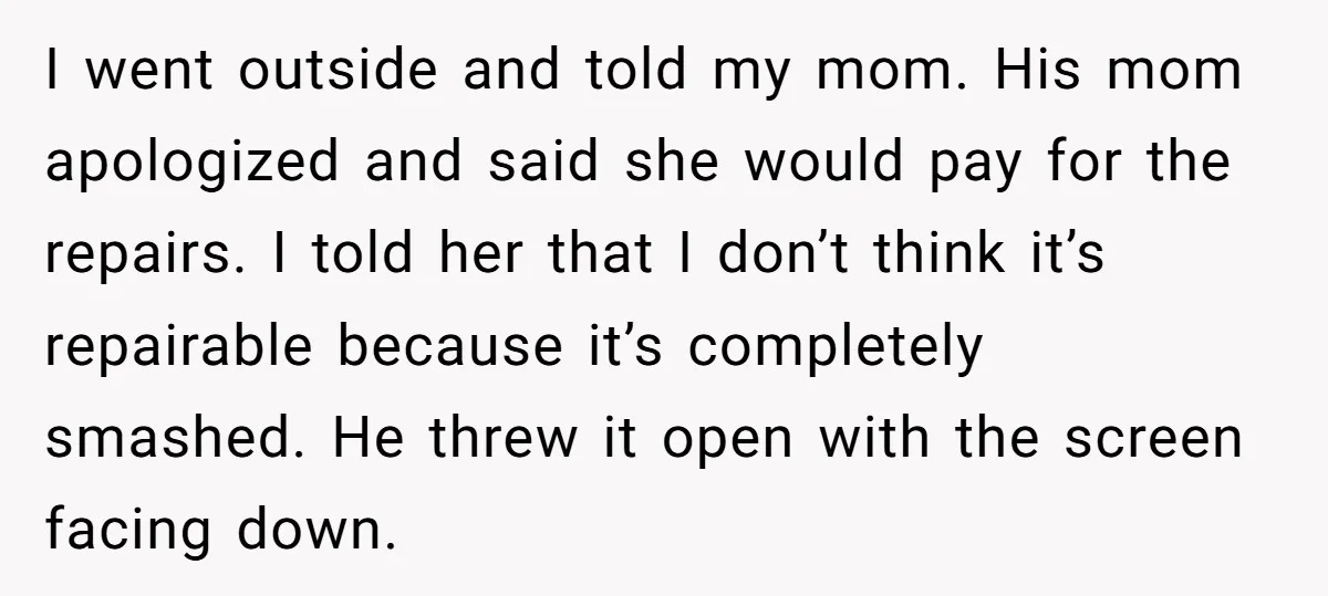 I went outside and told my mom. His mom apologized and said she would pay for the repairs. I told her that I don’t think it’s repairable because it’s completely...