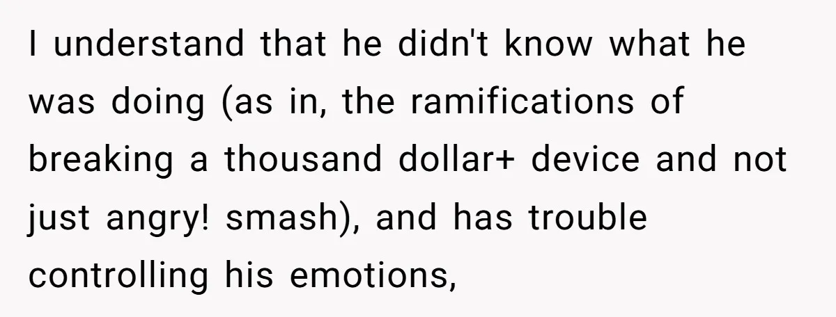 I understand that he didn't know what he was doing (as in, the ramifications of breaking a thousand dollar+ device and not just angry! smash), and has trouble controlling his...