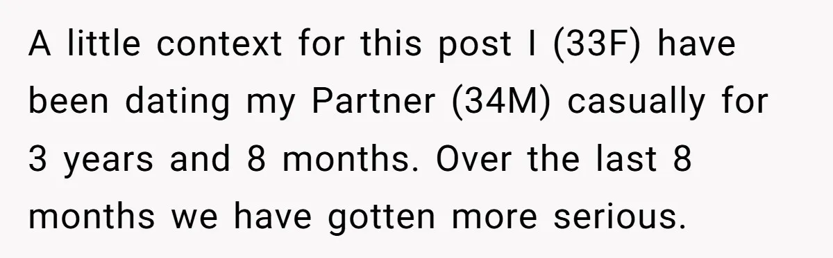 A little context for this post I (33F) have been dating my Partner (34M) casually for 3 years and 8 months. Over the last 8 months we have gotten more...