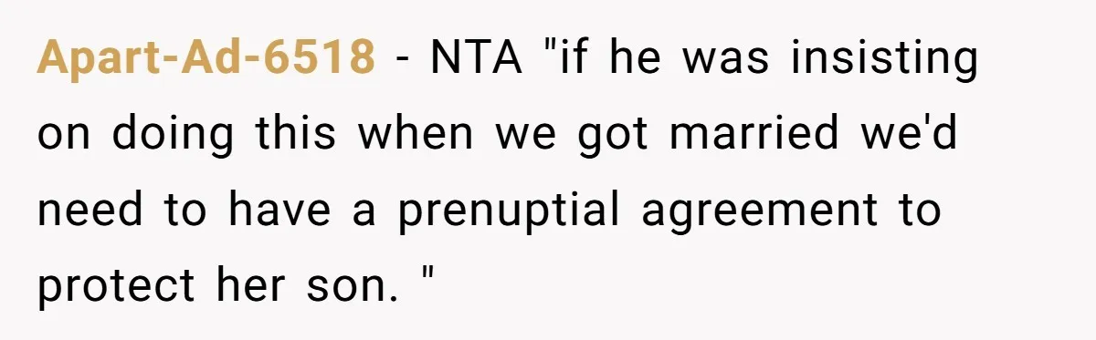 Apart-Ad-6518 − NTA "if he was insisting on doing this when we got married we'd need to have a prenuptial agreement to protect her son. "