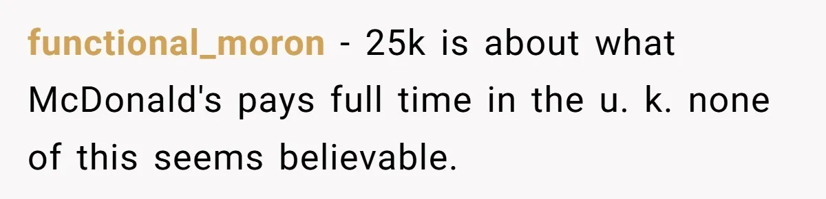 functional_moron − 25k is about what McDonald's pays full time in the u. k. none of this seems believable.