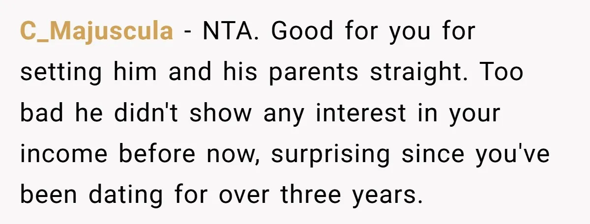 C_Majuscula − NTA. Good for you for setting him and his parents straight. Too bad he didn't show any interest in your income before now, surprising since you've been dating...