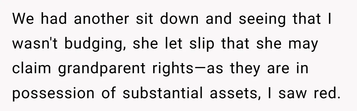We had another sit down and seeing that I wasn't budging, she let slip that she may claim grandparent rights—as they are in possession of substantial assets, I saw red.