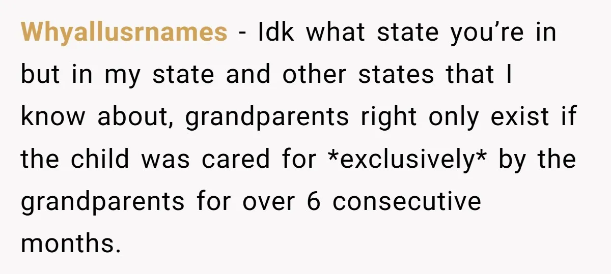Whyallusrnames − Idk what state you’re in but in my state and other states that I know about, grandparents right only exist if the child was cared for *exclusively* by...