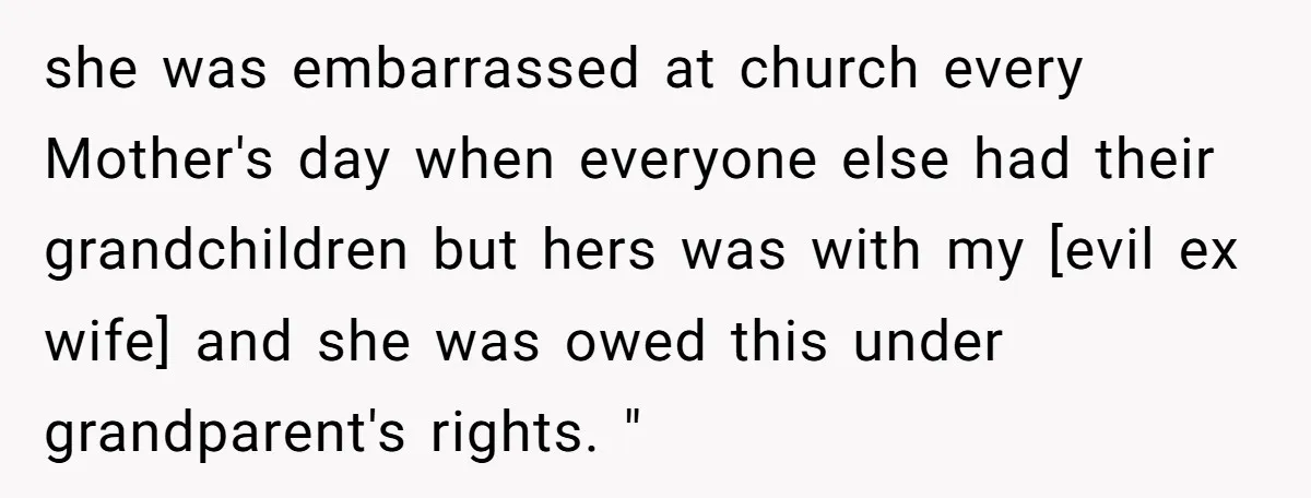 she was embarrassed at church every Mother's day when everyone else had their grandchildren but hers was with my [evil ex wife] and she was owed this under grandparent's rights....