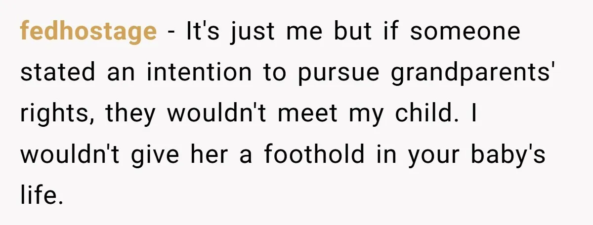fedhostage − It's just me but if someone stated an intention to pursue grandparents' rights, they wouldn't meet my child. I wouldn't give her a foothold in your baby's life.