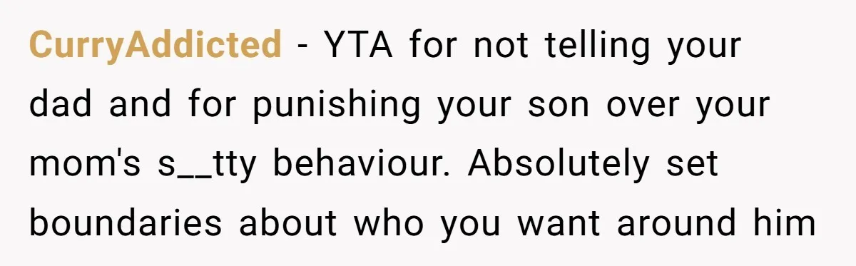 CurryAddicted − YTA for not telling your dad and for punishing your son over your mom's s__tty behaviour. Absolutely set boundaries about who you want around him