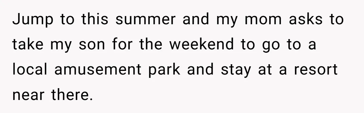 Jump to this summer and my mom asks to take my son for the weekend to go to a local amusement park and stay at a resort near there.