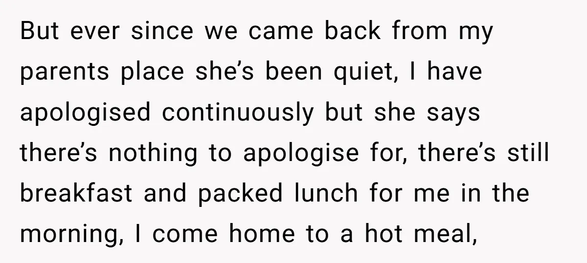 But ever since we came back from my parents place she’s been quiet, I have apologised continuously but she says there’s nothing to apologise for, there’s still breakfast and packed...