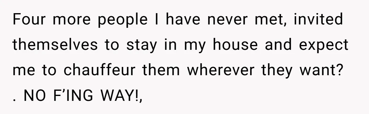 Four more people I have never met, invited themselves to stay in my house and expect me to chauffeur them wherever they want? . NO F’ING WAY!,
