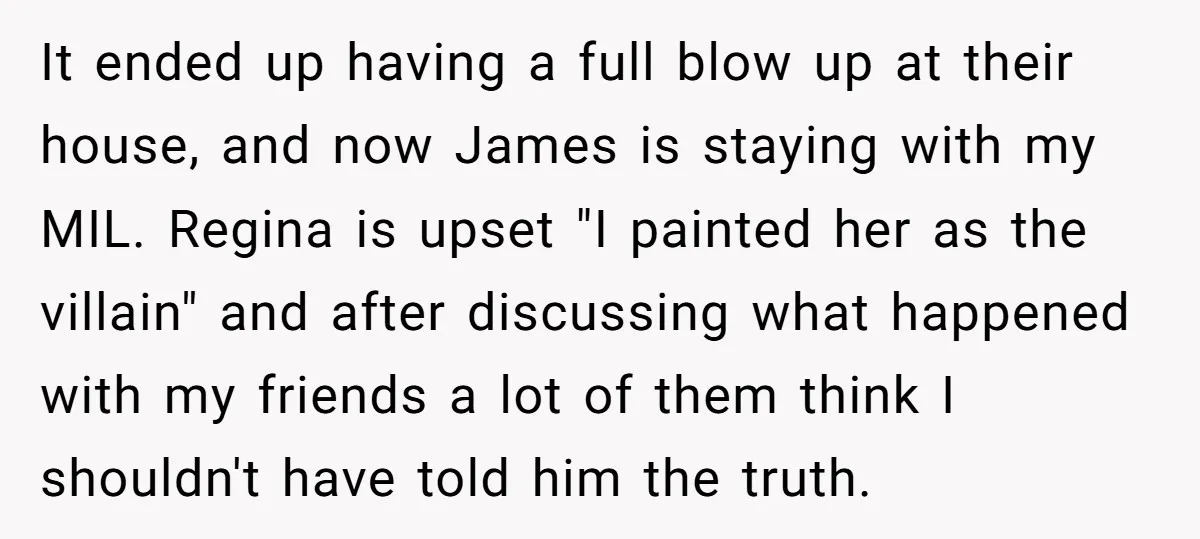 It ended up having a full blow up at their house, and now James is staying with my MIL. Regina is upset "I painted her as the villain" and after...