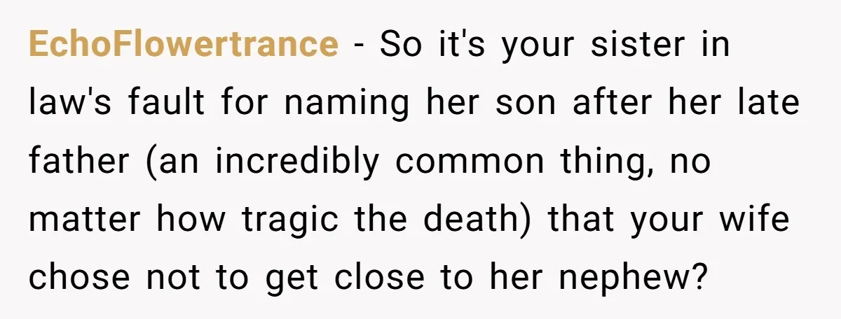 EchoFlowertrance − So it's your sister in law's fault for naming her son after her late father (an incredibly common thing, no matter how tragic the death) that your wife...