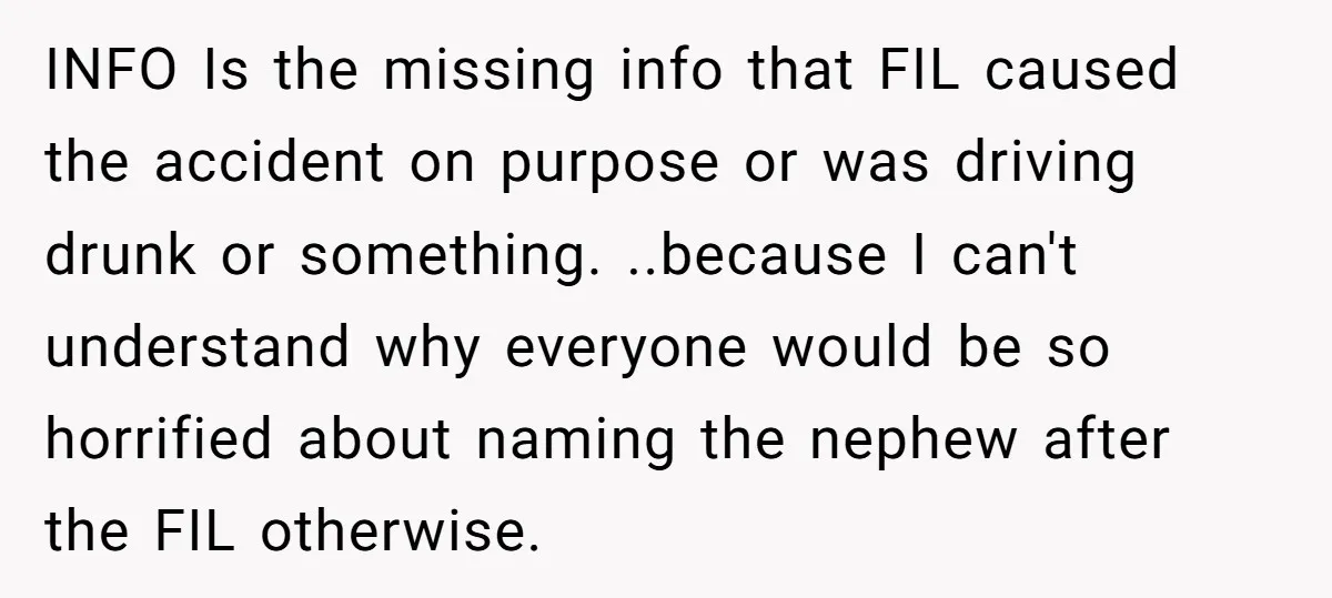 INFO Is the missing info that FIL caused the accident on purpose or was driving drunk or something. ..because I can't understand why everyone would be so horrified about naming...