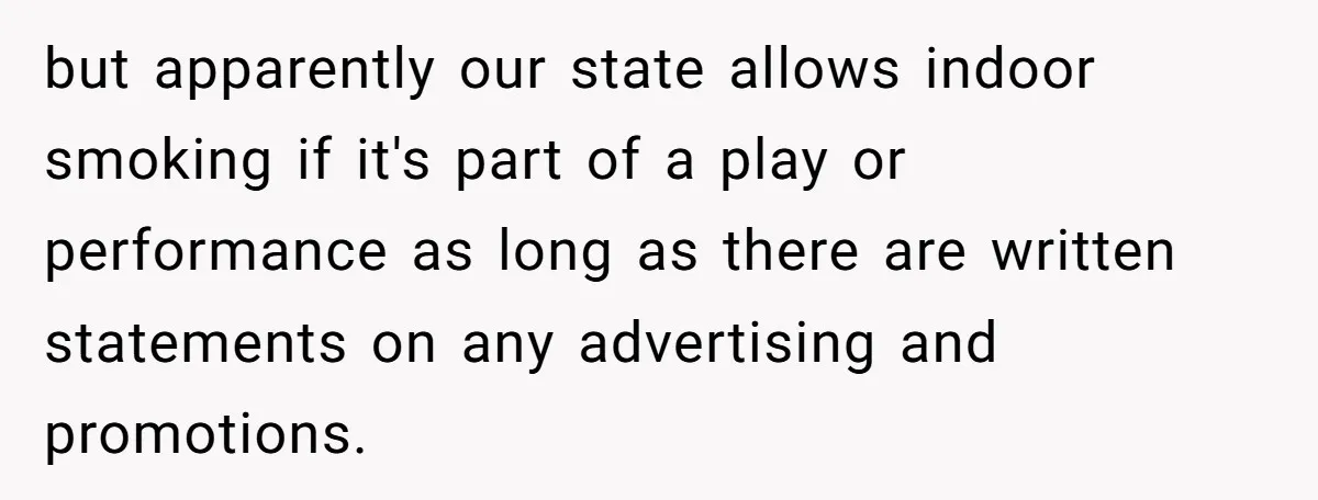 but apparently our state allows indoor smoking if it's part of a play or performance as long as there are written statements on any advertising and promotions.