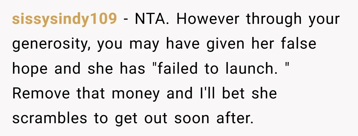 sissysindy109 − NTA. However through your generosity, you may have given her false hope and she has "failed to launch. " Remove that money and I'll bet she scrambles to...
