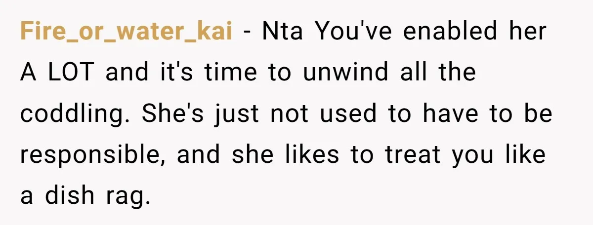 Fire_or_water_kai − Nta You've enabled her A LOT and it's time to unwind all the coddling. She's just not used to have to be responsible, and she likes to treat...
