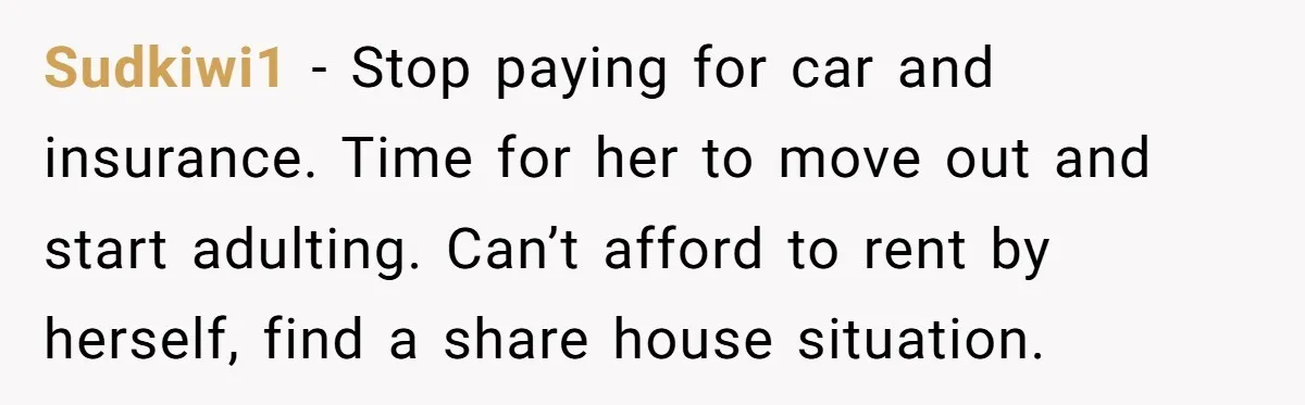Sudkiwi1 − Stop paying for car and insurance. Time for her to move out and start adulting. Can’t afford to rent by herself, find a share house situation.
