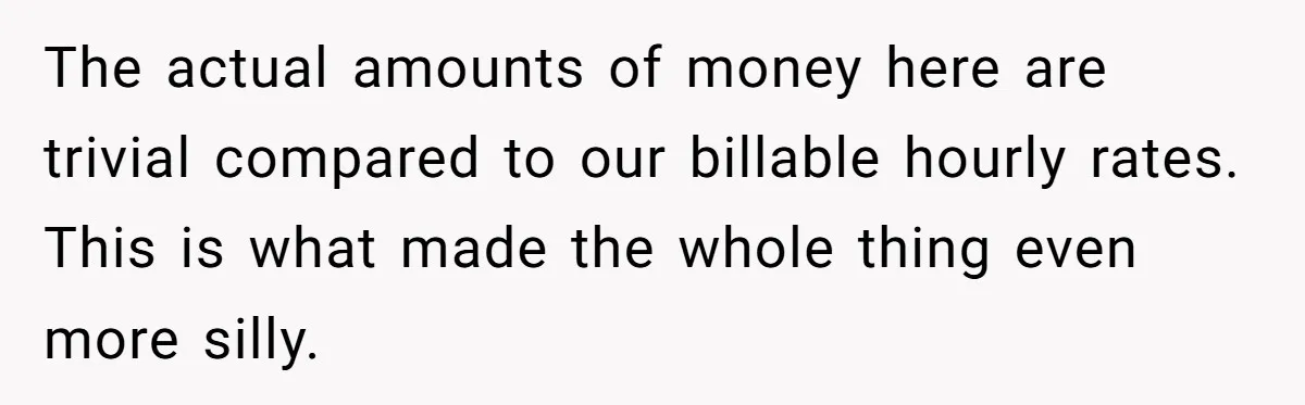 The actual amounts of money here are trivial compared to our billable hourly rates. This is what made the whole thing even more silly.