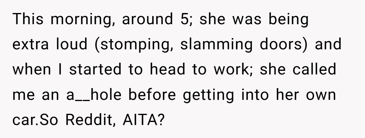This morning, around 5; she was being extra loud (stomping, slamming doors) and when I started to head to work; she called me an a__hole before getting into her own...