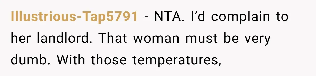 Illustrious-Tap5791 − NTA. I’d complain to her landlord. That woman must be very dumb. With those temperatures,