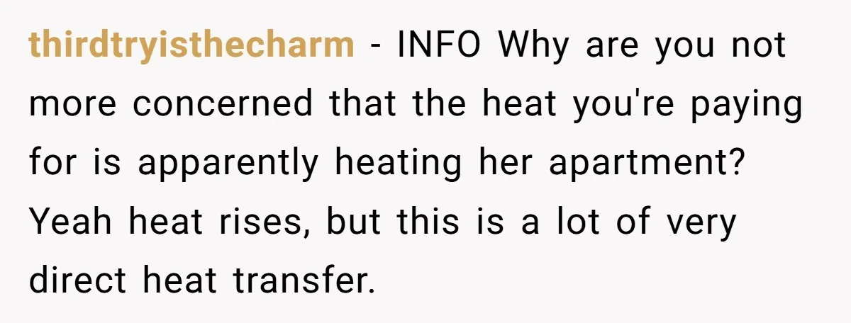thirdtryisthecharm − INFO Why are you not more concerned that the heat you're paying for is apparently heating her apartment? Yeah heat rises, but this is a lot of very...