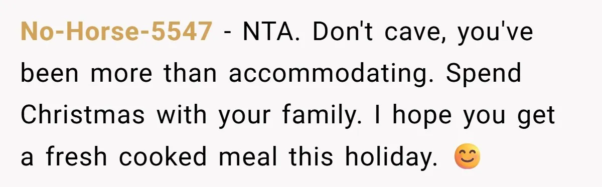 No-Horse-5547 − NTA. Don't cave, you've been more than accommodating. Spend Christmas with your family. I hope you get a fresh cooked meal this holiday. 😊