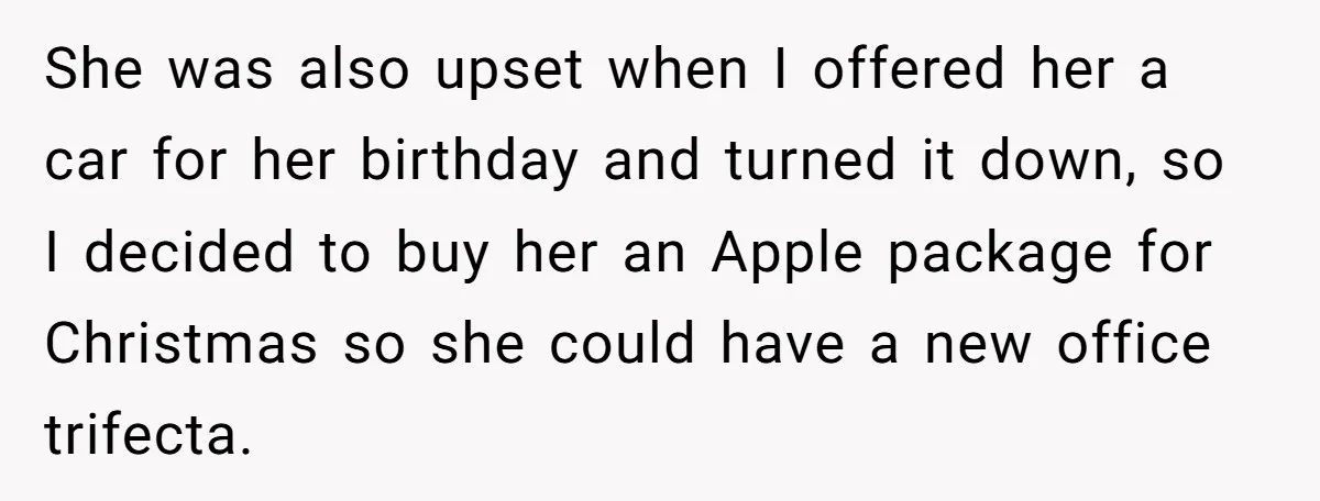 She was also upset when I offered her a car for her birthday and turned it down, so I decided to buy her an Apple package for Christmas so she...