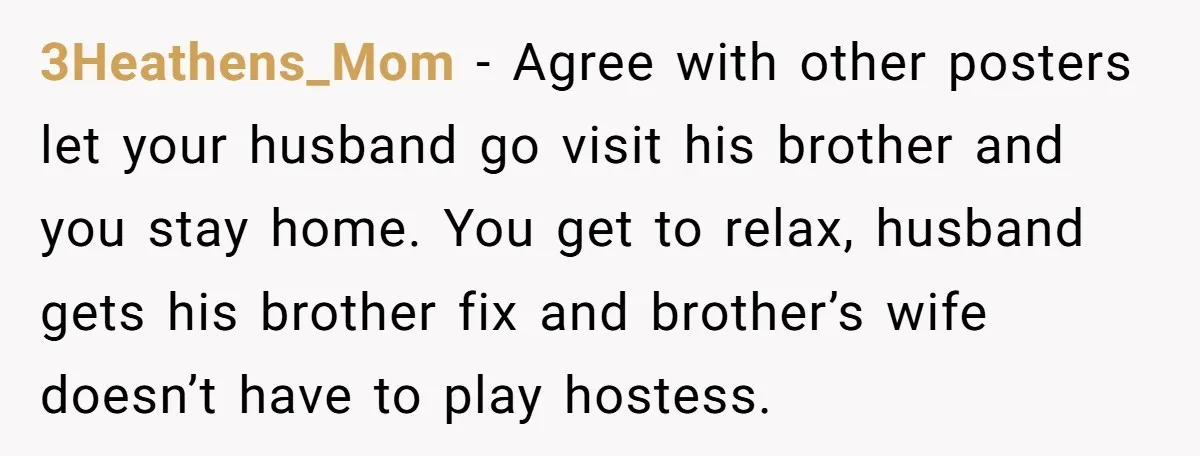 3Heathens_Mom − Agree with other posters let your husband go visit his brother and you stay home. You get to relax, husband gets his brother fix and brother’s wife doesn’t...
