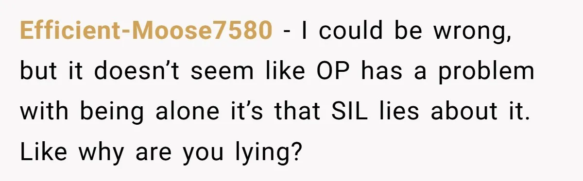 Efficient-Moose7580 − I could be wrong, but it doesn’t seem like OP has a problem with being alone it’s that SIL lies about it. Like why are you lying?