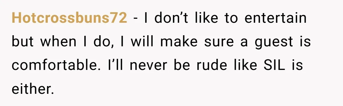 Hotcrossbuns72 − I don’t like to entertain but when I do, I will make sure a guest is comfortable. I’ll never be rude like SIL is either.