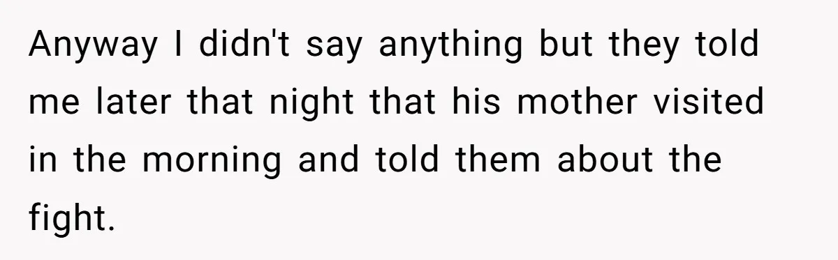 Anyway I didn't say anything but they told me later that night that his mother visited in the morning and told them about the fight.