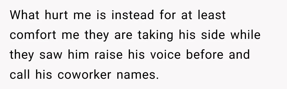 What hurt me is instead for at least comfort me they are taking his side while they saw him raise his voice before and call his coworker names.