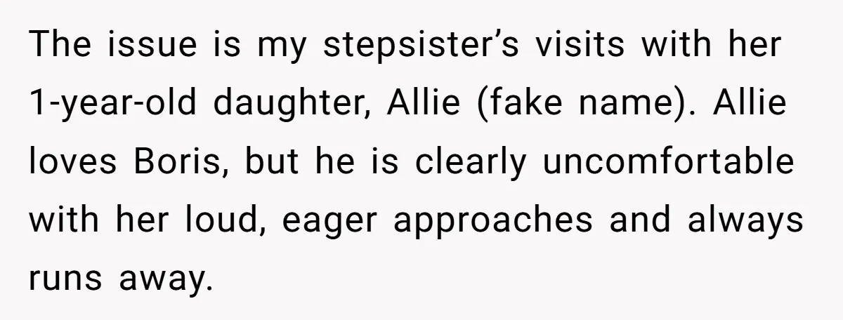 The issue is my stepsister’s visits with her 1-year-old daughter, Allie (fake name). Allie loves Boris, but he is clearly uncomfortable with her loud, eager approaches and always runs away.