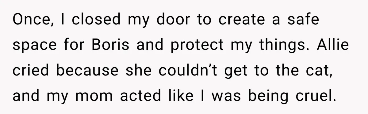 Once, I closed my door to create a safe space for Boris and protect my things. Allie cried because she couldn’t get to the cat, and my mom acted like...