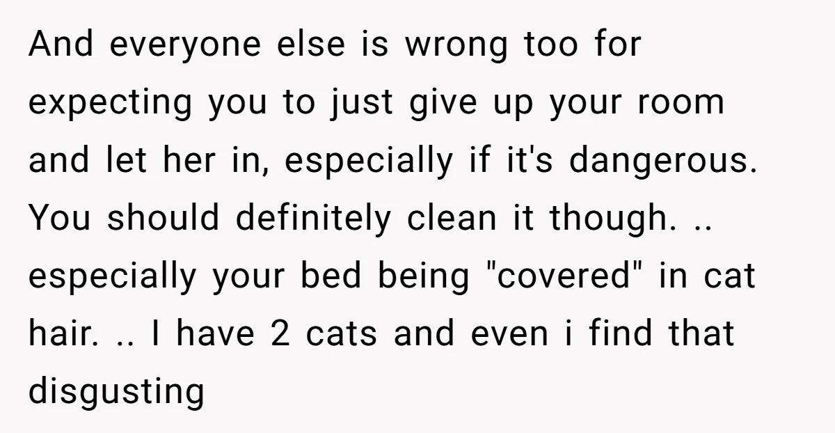 And everyone else is wrong too for expecting you to just give up your room and let her in, especially if it's dangerous. You should definitely clean it though. .....