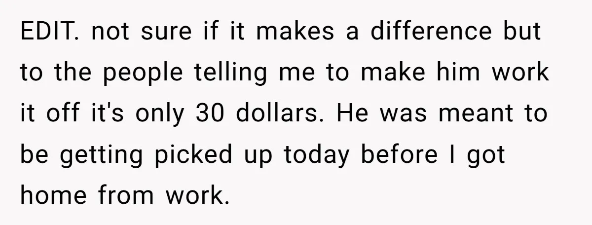 EDIT. not sure if it makes a difference but to the people telling me to make him work it off it's only 30 dollars. He was meant to be getting...