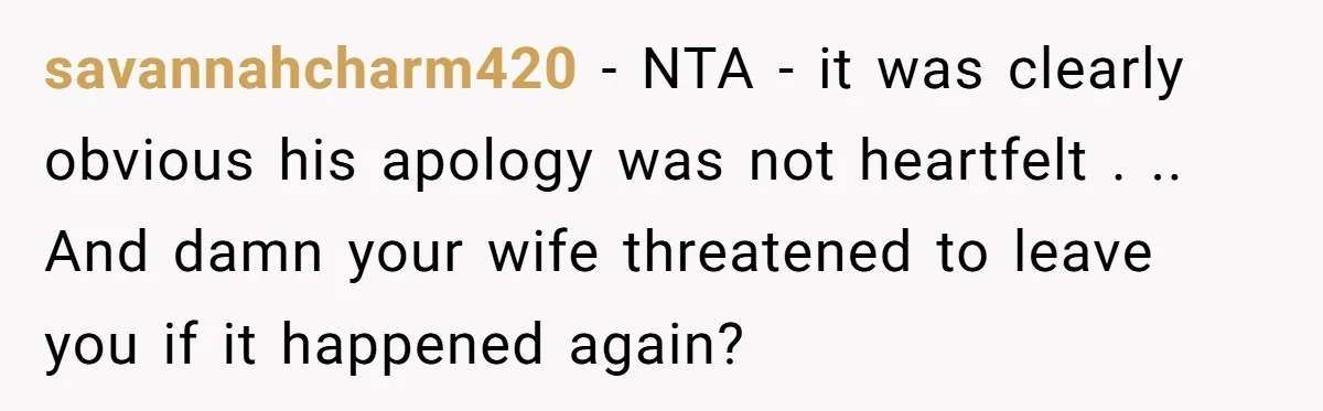 savannahcharm420 − NTA - it was clearly obvious his apology was not heartfelt . .. And damn your wife threatened to leave you if it happened again?