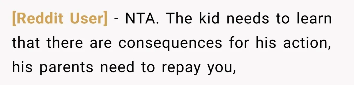[Reddit User] − NTA. The kid needs to learn that there are consequences for his action, his parents need to repay you,