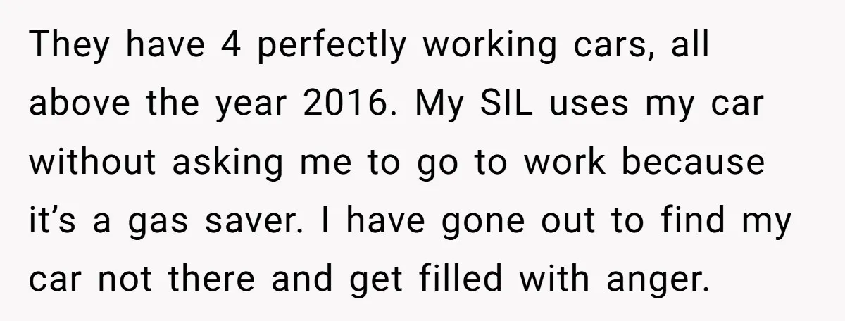 They have 4 perfectly working cars, all above the year 2016. My SIL uses my car without asking me to go to work because it’s a gas saver. I have...