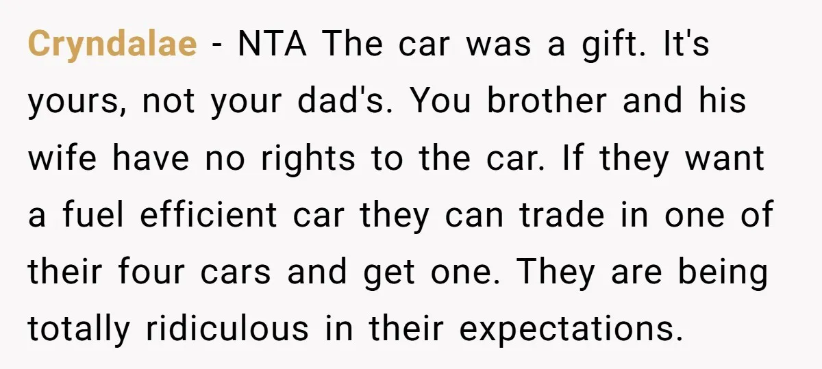 Cryndalae − NTA The car was a gift. It's yours, not your dad's. You brother and his wife have no rights to the car. If they want a fuel efficient...