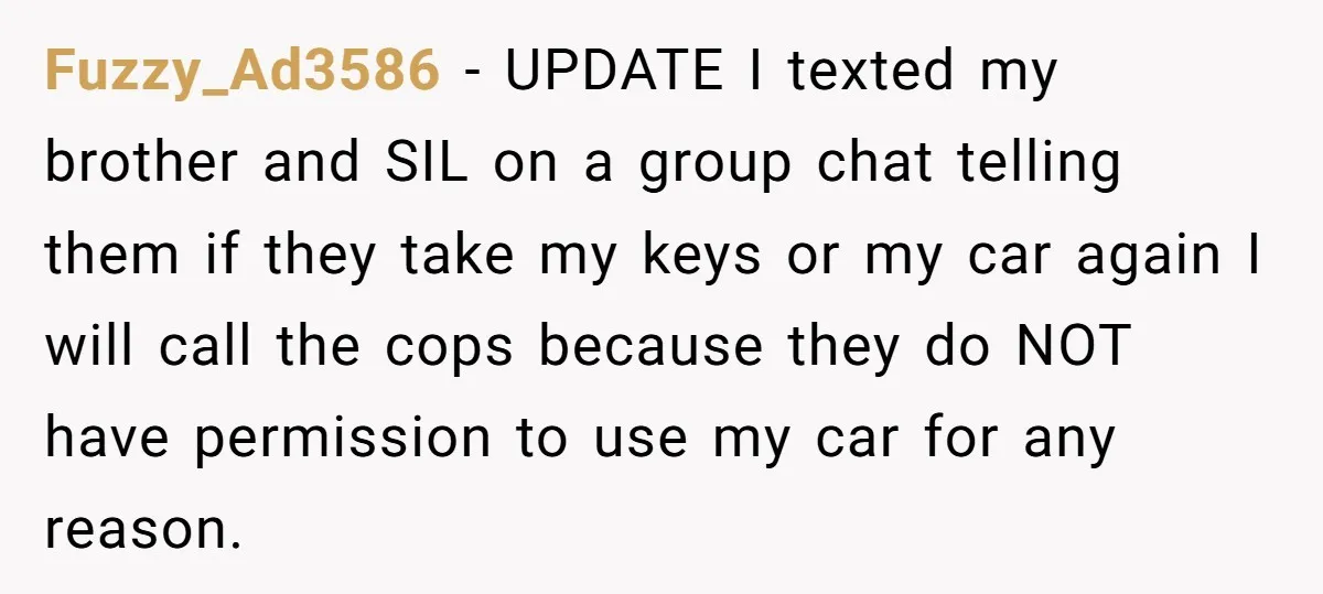 Fuzzy_Ad3586 − UPDATE I texted my brother and SIL on a group chat telling them if they take my keys or my car again I will call the cops because...