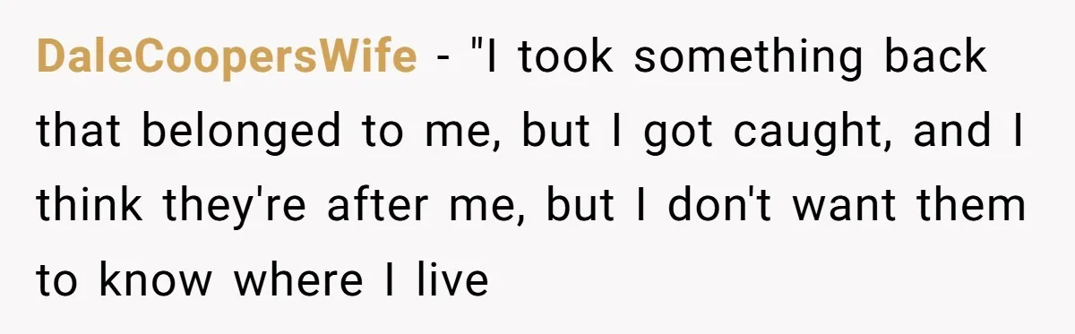 DaleCoopersWife − "I took something back that belonged to me, but I got caught, and I think they're after me, but I don't want them to know where I live